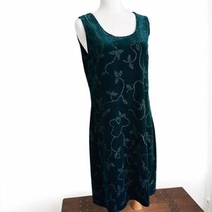 Vintage Casual Corner 90s Emerald Green Crystal Vines Velvet Dress Women’s 8
